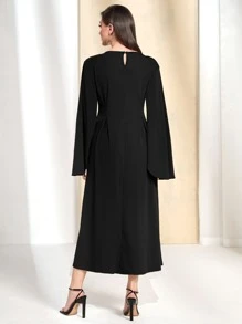 Mulvari Solid Trumpet Sleeve A-line Dress - Black - View 2