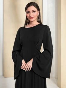 Mulvari Solid Trumpet Sleeve A-line Dress - Black - View 3