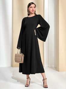 Mulvari Solid Trumpet Sleeve A-line Dress - Black - View 4