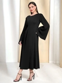 Mulvari Solid Trumpet Sleeve A-line Dress - Black - View 5