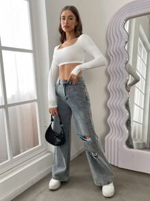 SHEIN PETITE Solid Scoop Neck Crop Spring Women Tee - White - View 5