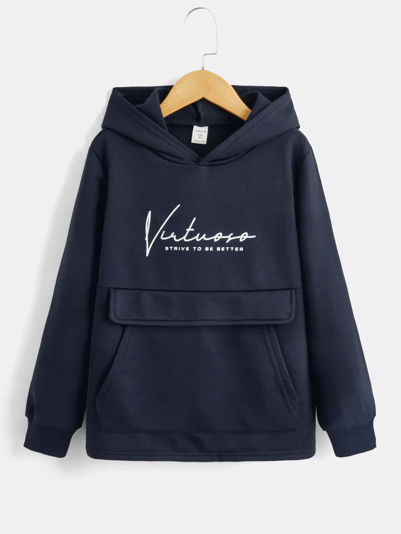 SHEIN Tween Boy Slogan Graphic Kangaroo Pocket Sweatshirt - Navy Blue - View 1