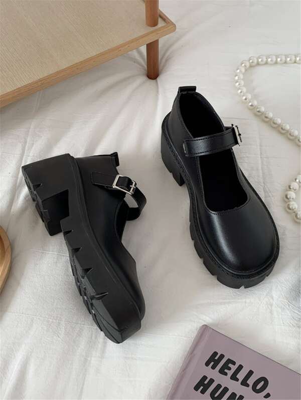 Women's ThickSoled Single Shoes Black Buckle Mary Jane Shoes