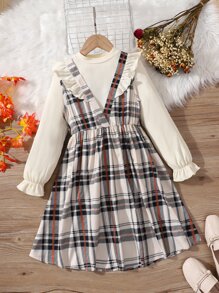 Girls Plaid Print Ruffle Trim Dress & Flounce Sleeve Tee - Multicolor - View 1