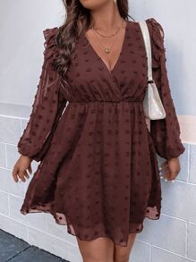 SHEIN Franclia Plus Swiss Dot Ruffle Trim Surplice Neck Lantern Sleeve Dress - Rust Brown - View 1