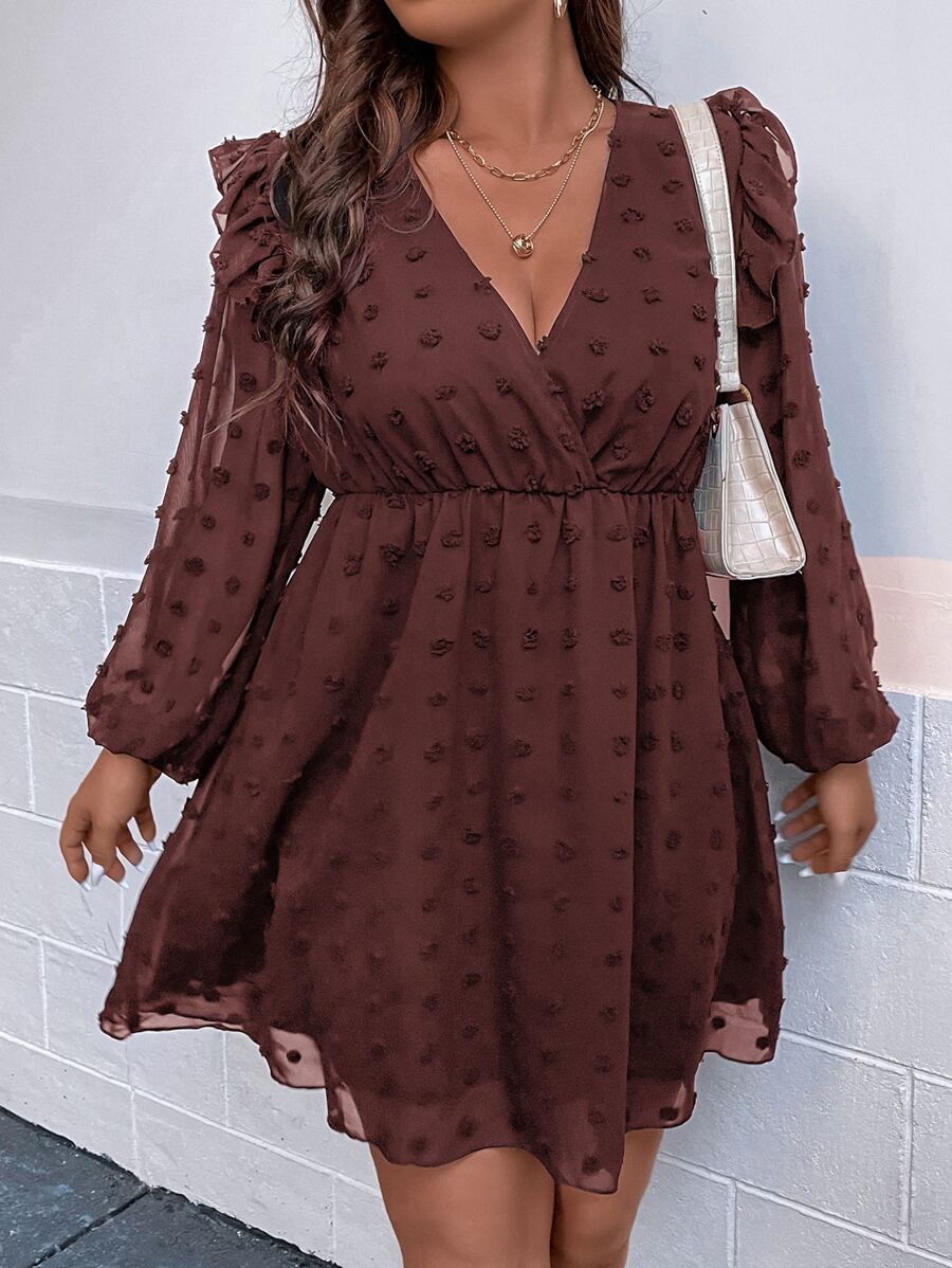SHEIN Franclia Plus Swiss Dot Ruffle Trim Surplice Neck Lantern Sleeve Dress - Rust Brown - View 1