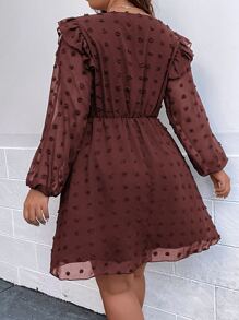 SHEIN Franclia Plus Swiss Dot Ruffle Trim Surplice Neck Lantern Sleeve Dress - Rust Brown - View 2