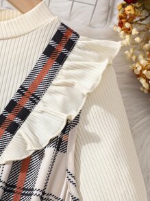 Girls Plaid Print Ruffle Trim Dress & Flounce Sleeve Tee - Multicolor - View 3