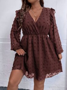 SHEIN Franclia Plus Swiss Dot Ruffle Trim Surplice Neck Lantern Sleeve Dress - Rust Brown - View 3