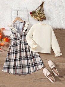 Girls Plaid Print Ruffle Trim Dress & Flounce Sleeve Tee - Multicolor - View 4