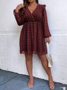 SHEIN Franclia Plus Swiss Dot Ruffle Trim Surplice Neck Lantern Sleeve Dress - Rust Brown - View 4