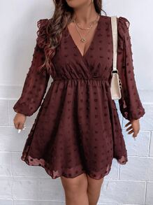 SHEIN Franclia Plus Swiss Dot Ruffle Trim Surplice Neck Lantern Sleeve Dress - Rust Brown - View 5