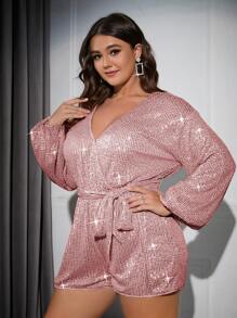 Double Crazy 大碼交叉領燈籠袖腰帶亮片連身短褲 - 淺粉色 - 查看 1