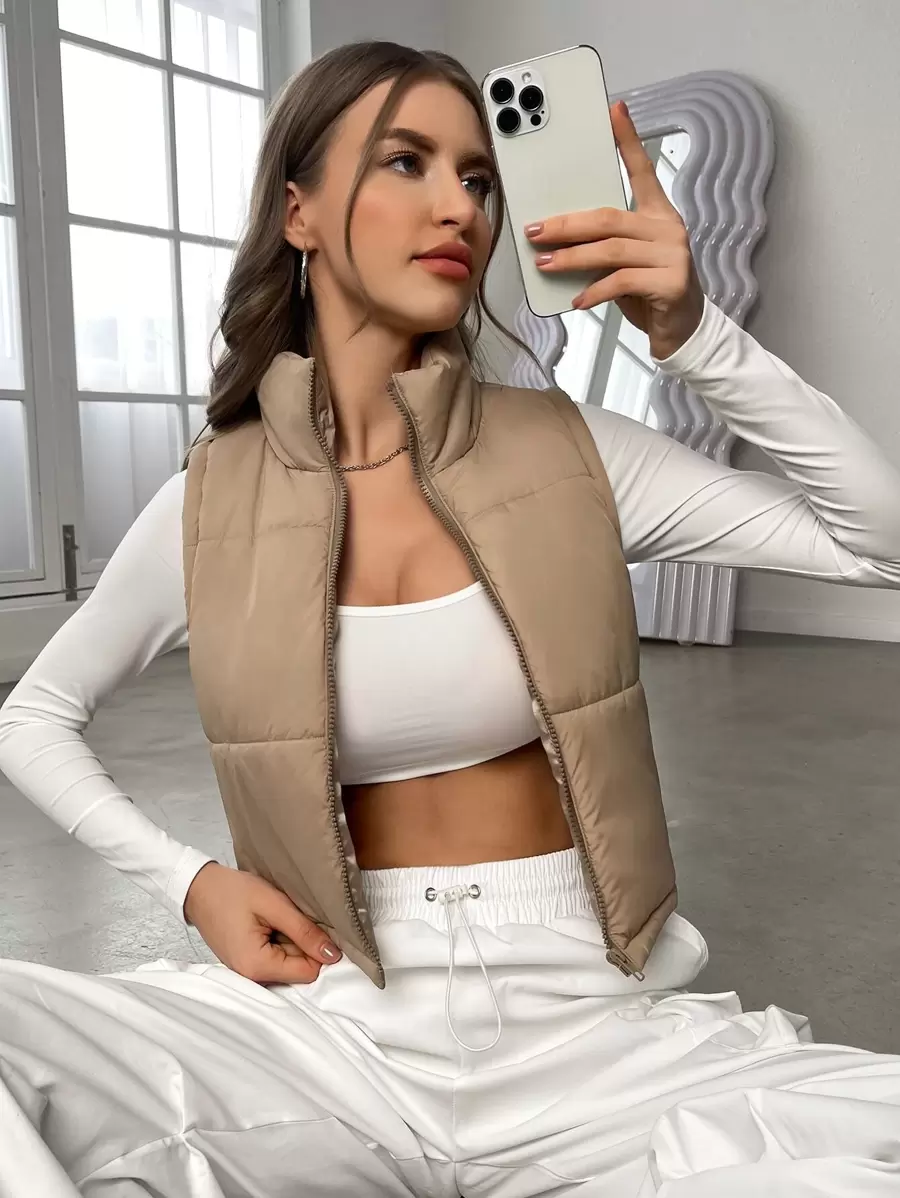 SHEIN EZwear 秋冬款黑色酷炫拉链背心棉服