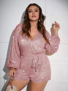 Double Crazy 大碼交叉領燈籠袖腰帶亮片連身短褲 - 淺粉色 - 查看 4