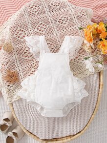 Baby Ruffle Trim Crisscross Backless Contrast Lace Bodysuit - White - View 1