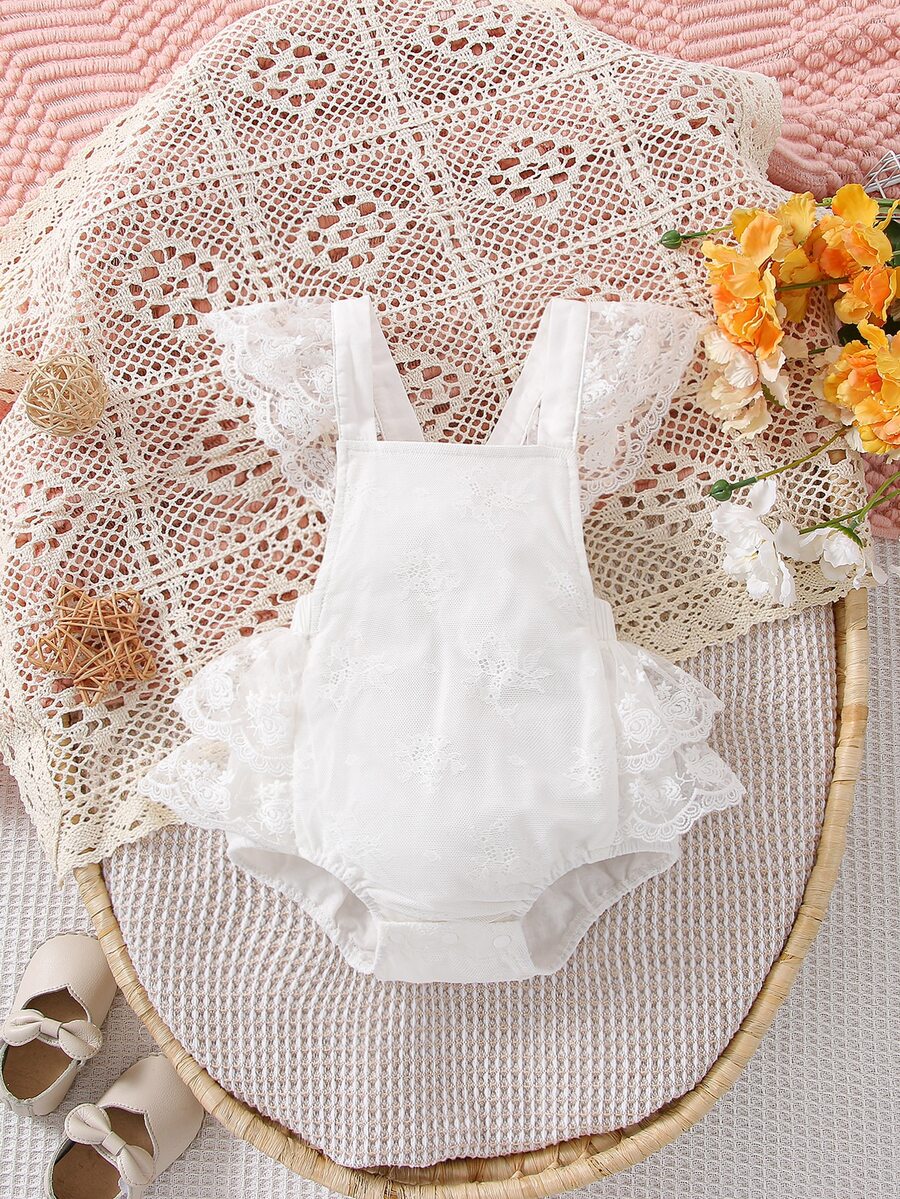 Baby Ruffle Trim Crisscross Backless Contrast Lace Bodysuit - White - View 1