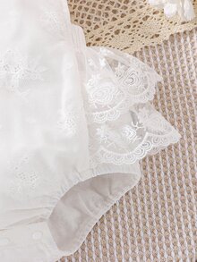 Baby Ruffle Trim Crisscross Backless Contrast Lace Bodysuit - White - View 6