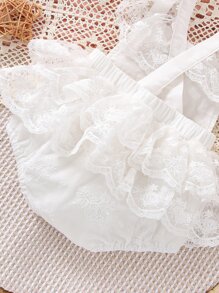 Baby Ruffle Trim Crisscross Backless Contrast Lace Bodysuit - White - View 7