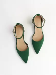 Fall/Winter 2025 Minimalist Point Toe Chunky Heeled Ankle Strap Faux Suede Pumps, Elegant,Elegant - Green - View 2