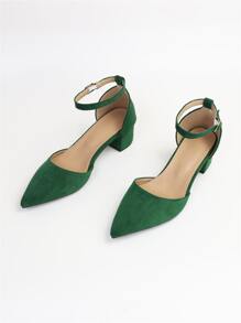 Fall/Winter 2025 Minimalist Point Toe Chunky Heeled Ankle Strap Faux Suede Pumps, Elegant,Elegant - Green - View 4