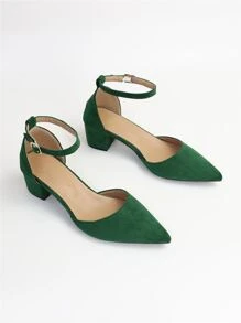 Fall/Winter 2025 Minimalist Point Toe Chunky Heeled Ankle Strap Faux Suede Pumps, Elegant,Elegant - Green - View 5