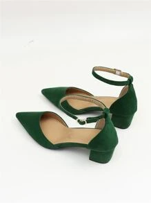Fall/Winter 2025 Minimalist Point Toe Chunky Heeled Ankle Strap Faux Suede Pumps, Elegant,Elegant - Green - View 6