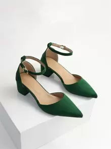 Fall/Winter 2025 Minimalist Point Toe Chunky Heeled Ankle Strap Faux Suede Pumps, Elegant,Elegant - Green - View 7