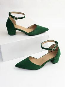 Fall/Winter 2025 Minimalist Point Toe Chunky Heeled Ankle Strap Faux Suede Pumps, Elegant,Elegant - Green - View 8