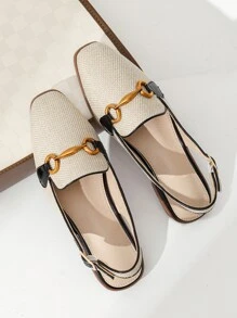 秋冬经典透气亚麻时尚休闲百搭金属扣拖鞋，穆勒乐福鞋设计，平底鞋