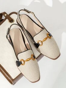 秋冬经典透气亚麻时尚休闲百搭金属扣拖鞋，穆勒乐福鞋设计，平底鞋