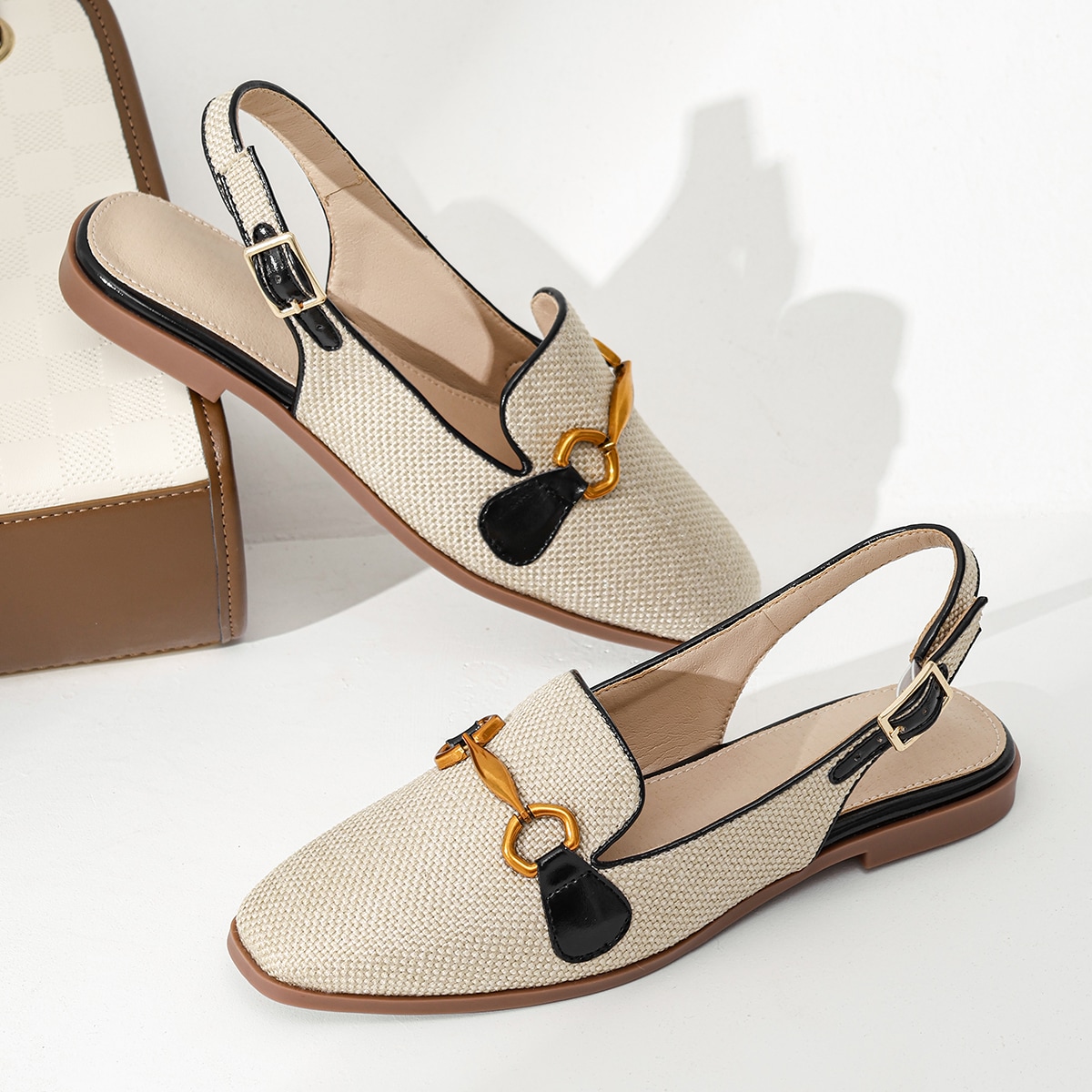 Zapatillas de lino clásicas, transpirables y versátiles para otoño/invierno, con hebilla de metal deslizante, diseño de mocasín, planas