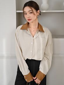 DAZY 條紋印花拼接領襯衫 - 彩色 - 查看 5