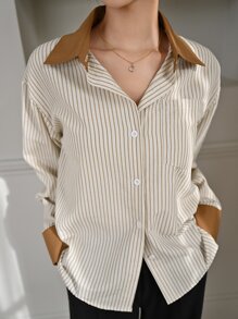 DAZY 條紋印花拼接領襯衫 - 彩色 - 查看 3