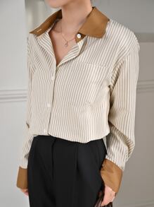 DAZY 條紋印花拼接領襯衫 - 彩色 - 查看 1