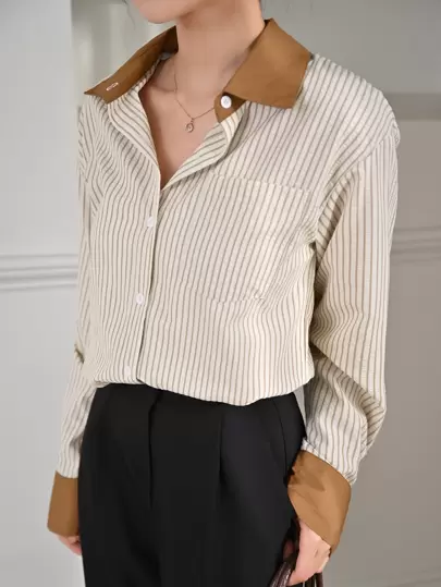 DAZY 條紋印花拼接領襯衫
