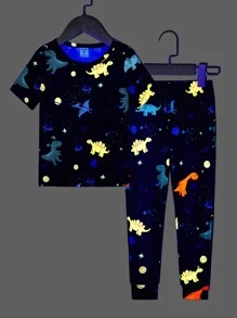 Toddler Boys Reflective Dinosaur Print Snug Fit PJ Set - Navy Blue - View 1