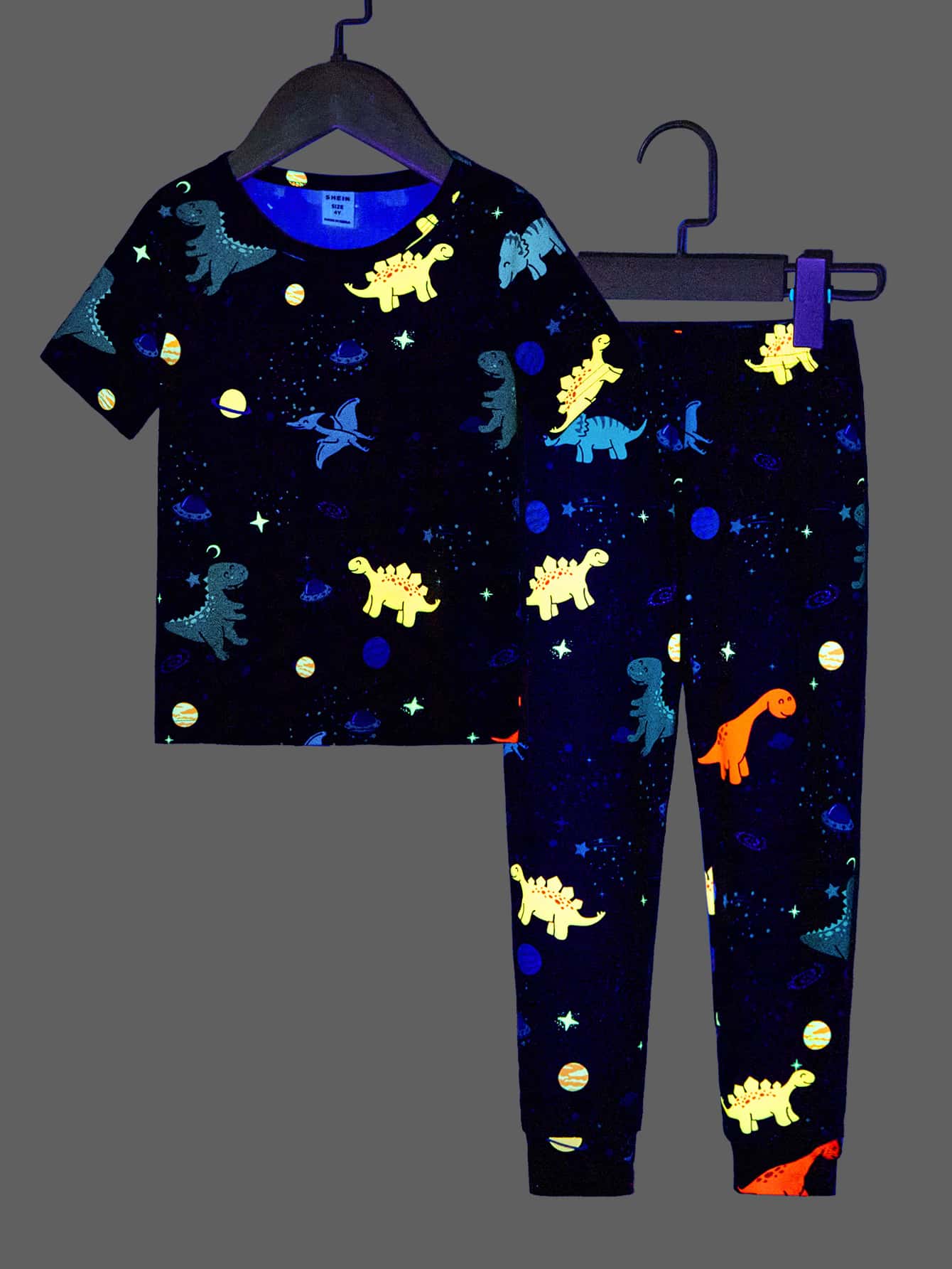 Toddler Boys Reflective Dinosaur Print Snug Fit PJ Set - Navy Blue - View 1