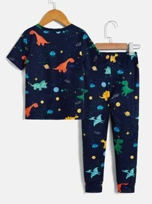 Toddler Boys Reflective Dinosaur Print Snug Fit PJ Set - Navy Blue - View 2