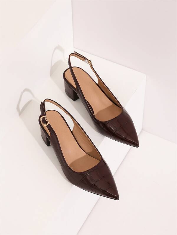 Fall/Winter 2025 Random Crocodile Embossed Point Toe Chunky Heeled Slingback Pumps, Elegant