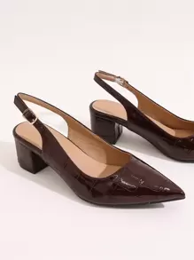 Fall/Winter 2025 Random Crocodile Embossed Point Toe Chunky Heeled Slingback Pumps, Elegant