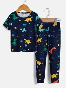 Toddler Boys Reflective Dinosaur Print Snug Fit PJ Set - Navy Blue - View 7