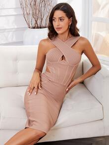 鏤空前交叉緊身上衣緊身連衣裙 - 藕粉色 - 查看 6