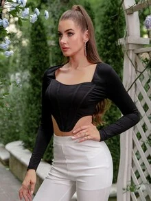 D&M Sweetheart Neck Chain Detail Asymmetrical Hem Crop Tee - Black - View 3