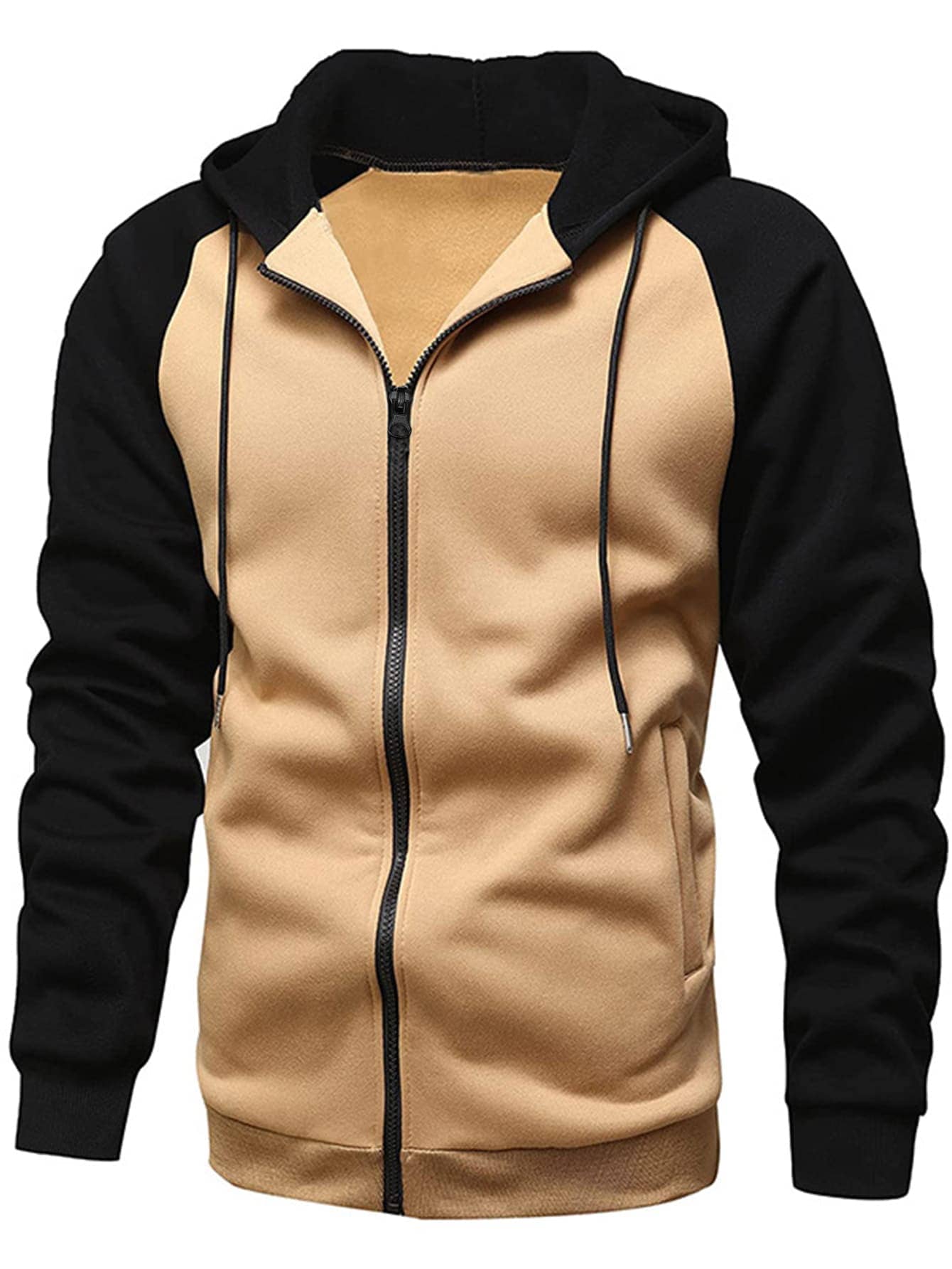 Men Colorblock Raglan Sleeve Zip Up Drawstring Hoodie | SHEIN USA