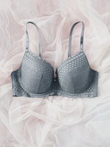 Plus Lace Panel Rhinestone Decor Scallop Trim Push Up Bra - Grey - View 3