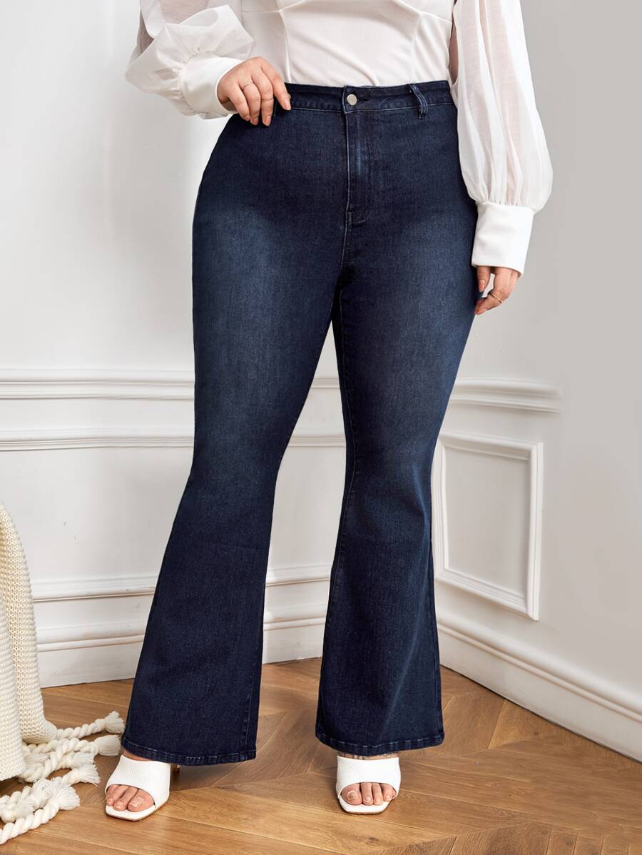 Plus High Waist Flare Leg Jeans - Dark Wash - View 1