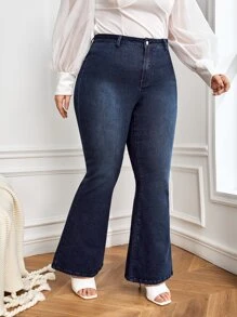 Plus High Waist Flare Leg Jeans - Dark Wash - View 3