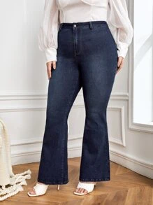 Plus High Waist Flare Leg Jeans - Dark Wash - View 5