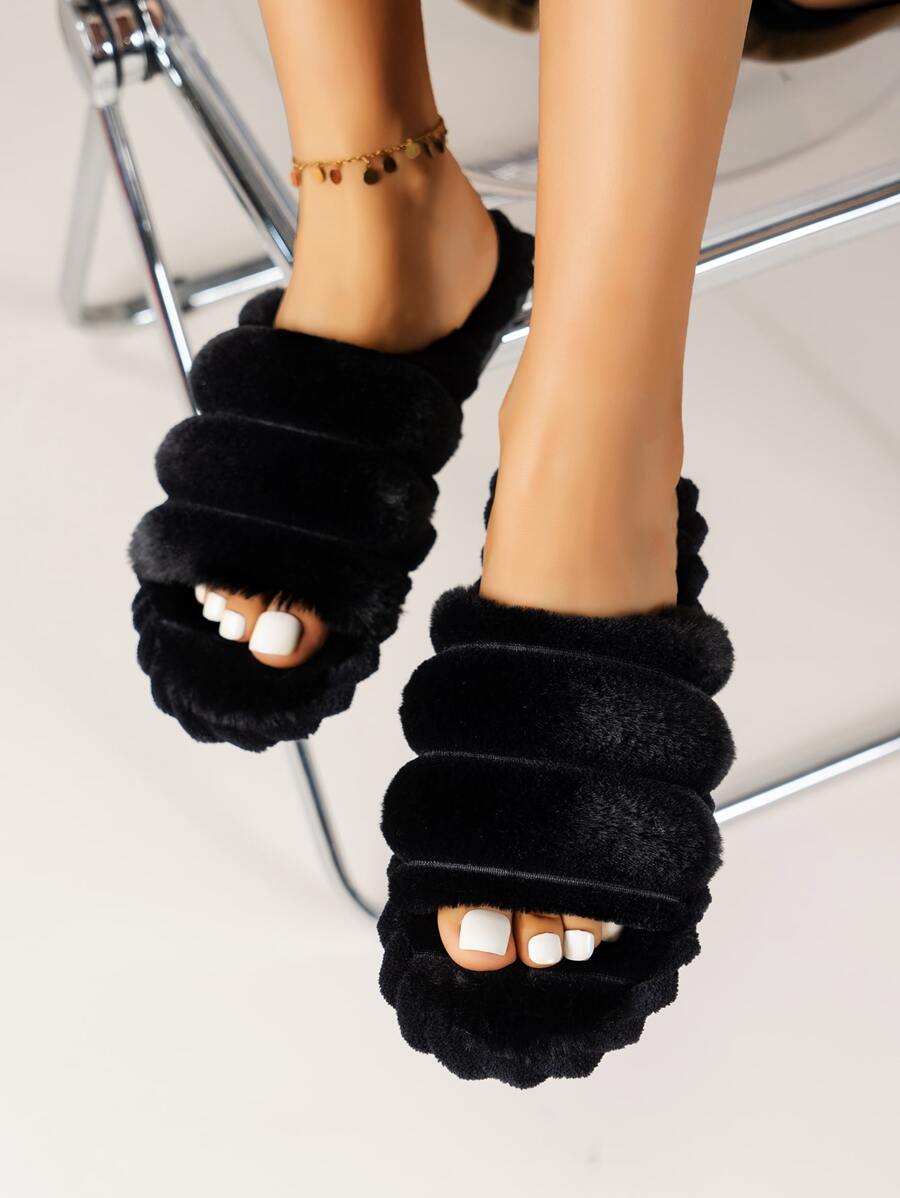 Minimalist Fluffy Bedroom Slippers - Black - View 1
